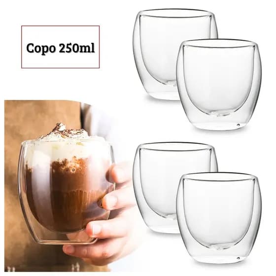 Copo Duplo Vidro Jogo de Copos de Vidro 250ml 4 Unidades