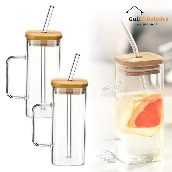 Jogo 2 Copos Com Tampa De Bambu E Canudo 300ml Caneca De Vidro