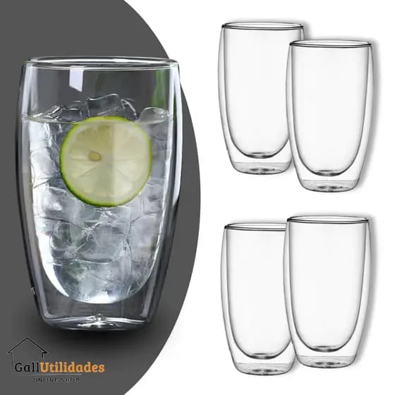 Jogo 4 Copos Vidro Duplo Copo Grande 450ml Isolante Térmico