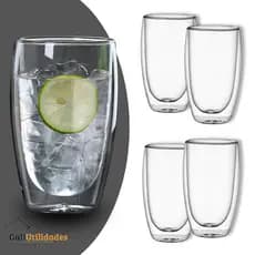 Jogo 4 Copos Vidro Duplo Copo Grande 450ml Isolante Térmico