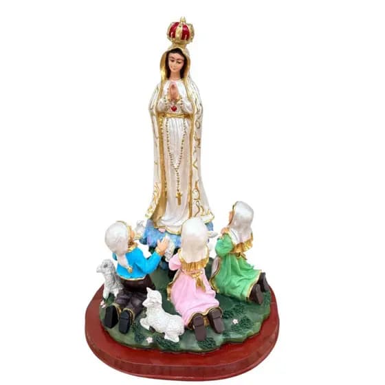 Imagem de Nossa Senhora de Fátima com os 3 Pastores em Resina 35cm Acabamento Premium