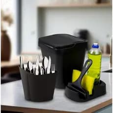 Kit Pia Cozinha Multiuso Lixeira Rodo de Pia Porta Detergente Porta Talher 4 Peças