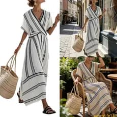 sun Trendy Vestido Listrado Decote V E Tecido Poliéster Densidade