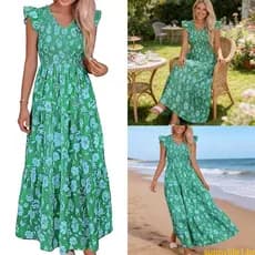 sun Vestido Maxi Feminino Decote V E Babados Estampa Floral Evasê Bolsos