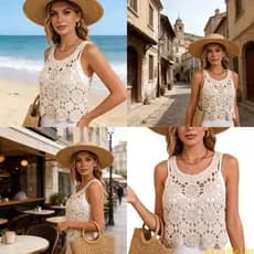 sun Camiseta Feminina Malha Cami Crop Verão Oco Colete Regata Mangas