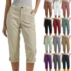 sun Calça Feminina Casual Botão Solto Para Viagem E Caminhada Bolsos
