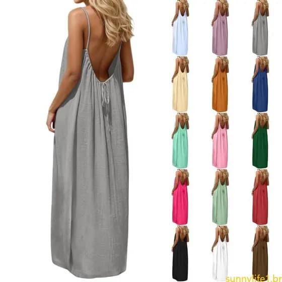 sun Vestido Longo Feminino Alças Finas E Nuas, Resort Solto