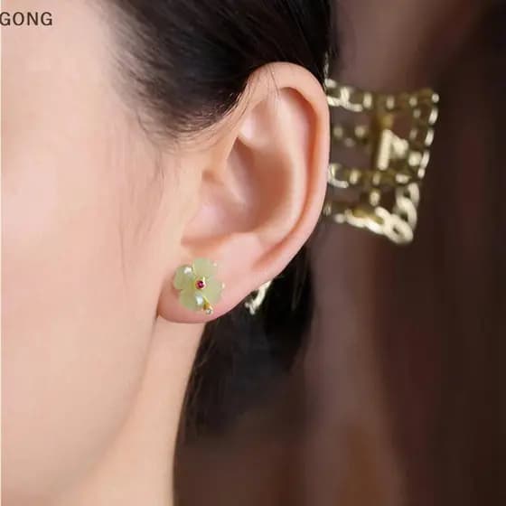 [BI] Luy Brincos De Trevo De Quatro Folhas Para Meninas Design Retrô Jade Presente BR