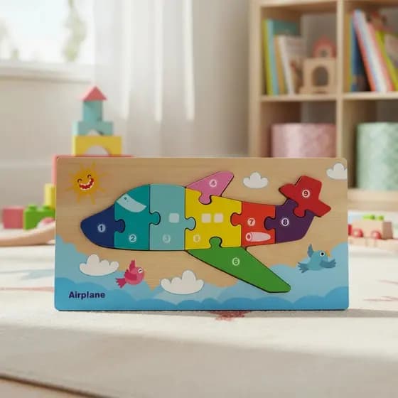 Quebra Cabeça Madeira 3d Mdf Educativo Aviao 1 Base 9 Peças