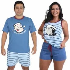Kit Pijama Casal Personagem Feminino Baby Doll e Masculino Curto Verão Popeye e Olivia