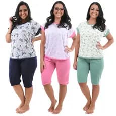 Kit 3 Pijamas Capri Pescador Bermudão Feminino Malha Manga Japonesa