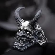 Anel Aço Inox Lúcifer Japão Máscara Hannya Diabo Satan Exú Moto Rock
