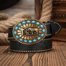 Cinto Country Rebites Fivela Apliques Turquesa Peoa Cowgirl