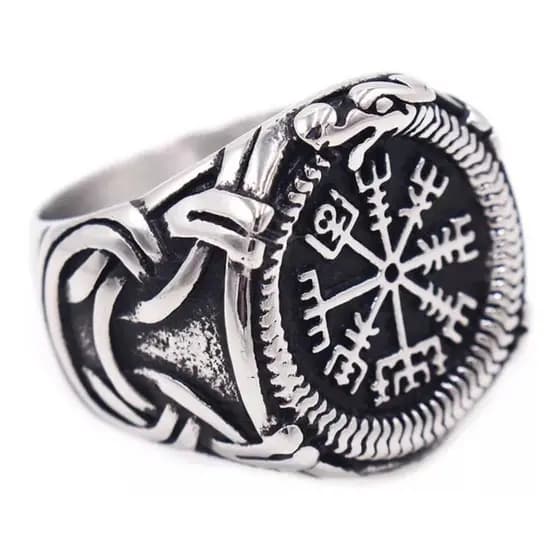 Anel Aço Inox Vikings Ouroboros Vegvisir Ponto Riscado Odin