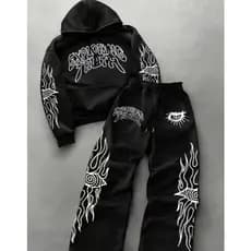 Conjunto de Moletom com Capuz e Calça Unissex Estilo Streetwear Gótico com Estampa Gráfica de Anjo
