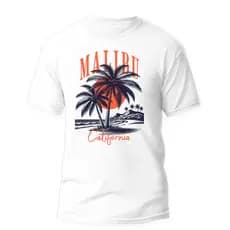 Camiseta Verão para Homens e Mulheres Camisa Estampada Coqueiro Praia Malibu 100% Algodão