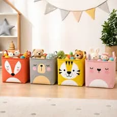 Cesto Organizador Infantil Dobrável Quadrado Com Alças 33x33cm Estampa Animal Para Brinquedos Roupas Multiuso