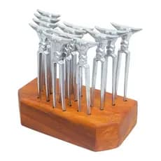 Kit 12 Mini Garfinhos Talher Petisco Aperitivo Fondue Buffet Alumínio Base em Madeira