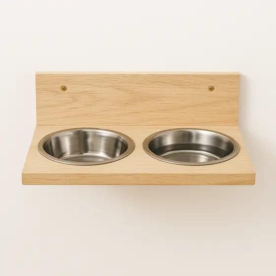 Comedouro duplo de Madeira Elevado C/ 2 Pote Inox P/ Cachorros Gatos - Parede