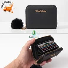 Carteira Sanfonada Porta Cartões em Couro Sintético com Zíper e Pompom Compacta Fashion