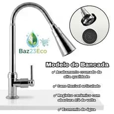 Torneira Gourmet Cozinha Bancada Cromada Cano Flexível Articulado 360° Duplo Jato 1/4 de Volta Economia de Água
