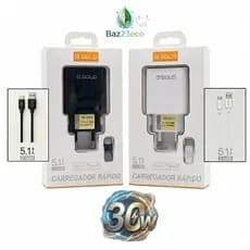 Kit Carregador de Celular Turbo 30W A'GOLD CA32-3 + Cabo USB Tipo-C | Fonte 5.1A com 2 Entradas USB Carregamento Rápido