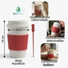 Copo Fibra Ecológica Para Café | Bebidas Quentes e Geladas |  Térmico Reutilizável 450ml | Misturador e Tampa Rosqueável