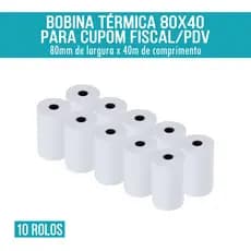 Bobina Térmica 80x40 para PDV Cupom Fiscal Rolo de Papel Térmico 80mm x 40m Branco 10 rolos