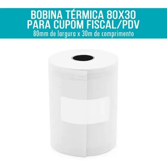 Bobina Térmica 80x30 para PDV Cupom Fiscal Rolo de Papel Térmico 80mm x 30m Branco 1 rolo
