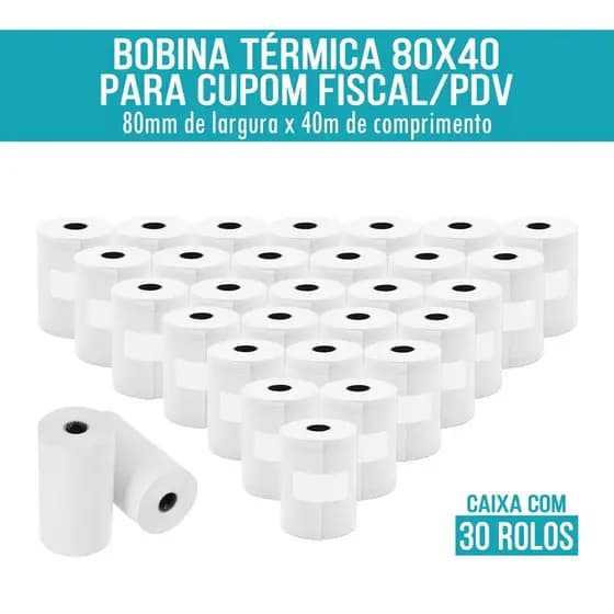 Bobina Térmica 80x40 para Cupom Fiscal PDV Rolo de Papel Térmico 80mm x 40m Branco Caixa c/ 30 rolos