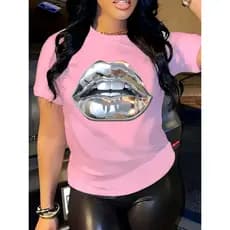 Camiseta Feminina T-Shirt Algodão Premium Estilosa Estampa Lábios Prateado