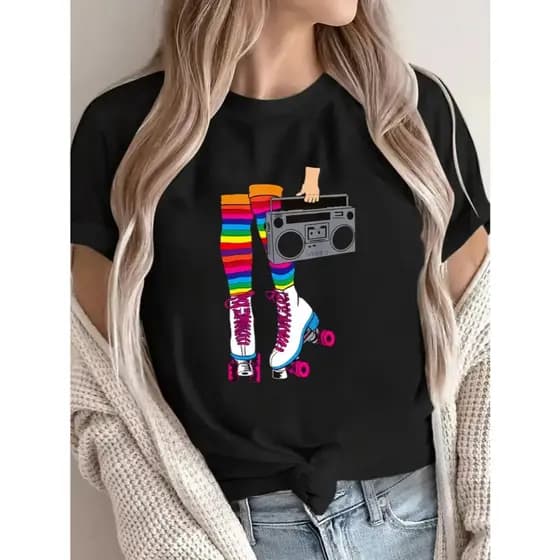 T-SHIRT FEMININA CAMISA BASICA ALGODÃO100% ESTILO CASUAL RETRO PATINS