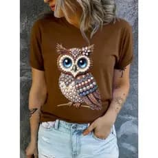 T-Shirt Feminina Camiseta Básica Casual Algodão100% Estilosa Coruja
