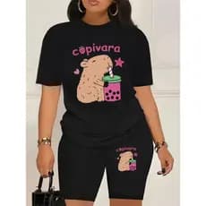CONJUNTO FEMININO ACADEMIA BERMUDA LEGGING+CAMISETA ESTILOSO CAPIVARA COPO