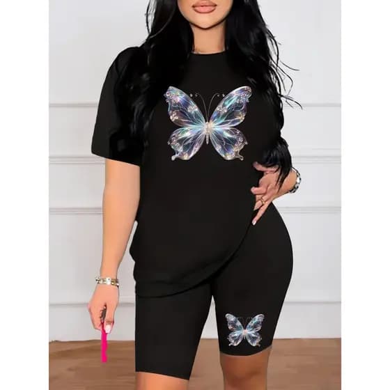 Conjunto Feminino Estampa Borboleta Metalizada Casual