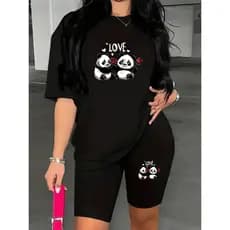 CONJUNTO FEMININO ACADEMIA BERMUDA LEGGING+CAMISETA CASUAL PANDA LOVE