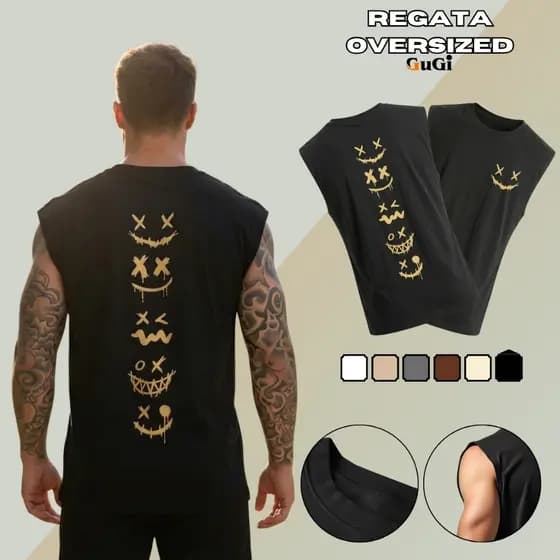 Regata Masculina Machão Muscle Estampa Carinhas Smile Frente Verso Algodão GuGi Camiseta Cavada