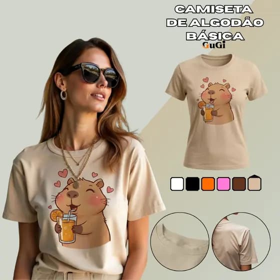 Camiseta Feminina Algodão Premium Estampa Capivara Cute Baby T-Shirt Casual Blusa GuGi Confortável