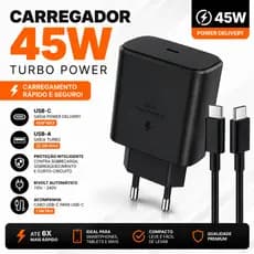 Carregador 45w Tipo C Turbo Para Android Compatível Com A31 A54 A72 S20 Fe S21+ S22 S23 Ultra S24