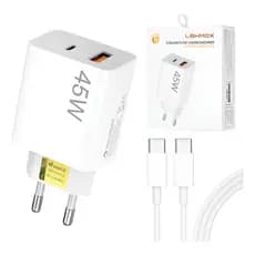 Carregador Turbo Tipo C 45W Original Lehmox Duas Entradas USB-C e USB Tipo A Bivolt Branco e Preto