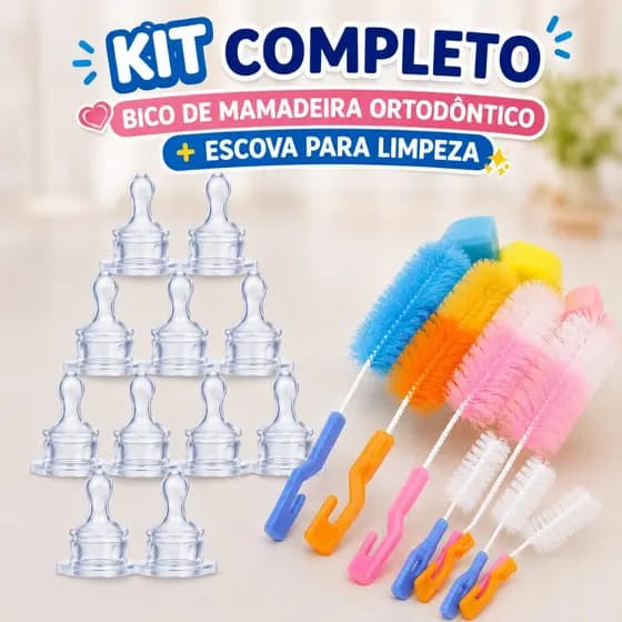 Kit Bico de Mamadeira Ortodôntico 100% Silicone Tetê + escova para limpeza