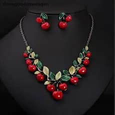 [Trêsgoodstonesgen] 1 Conjunto De Colar De Cereja Vermelha Chocker Brincos Capina Festa Decoração Tsg