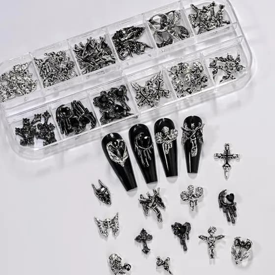 [Trêsgoodstonesgen] 12 Grades Vintage Cruz Nail Art Encantos Y2k Estilo Metal Liga Esqueleto Anjo Decorações De Unhas Ac