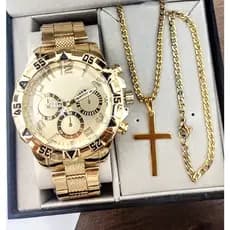 Relogio masculino + corrente cruz banhada + pulseira 18k fim de ano