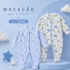 Macacão de Zíper Vira pé Menino Malha Suedine 100% Algodão Várias Estampas Quentinho Macio
