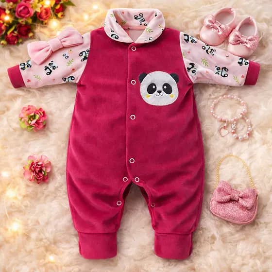 Macacão Plush Bebe Menina Algodão Estampas Sortidas Quentinho Macil e Confortavel