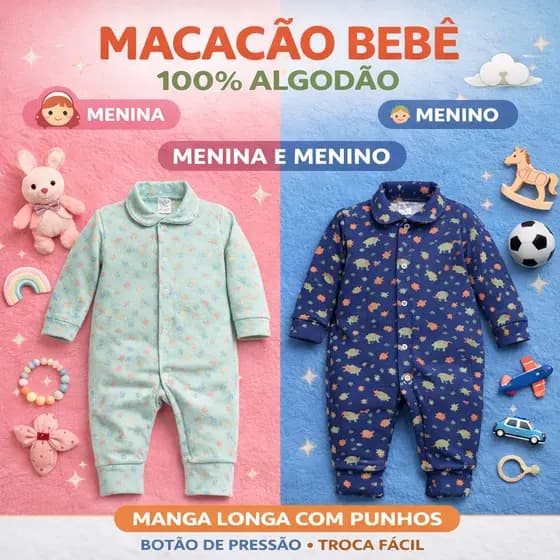 Macacão Bebê Malha Canelada Algodão Macio Confortável Estampado Menino Menina RN P M G