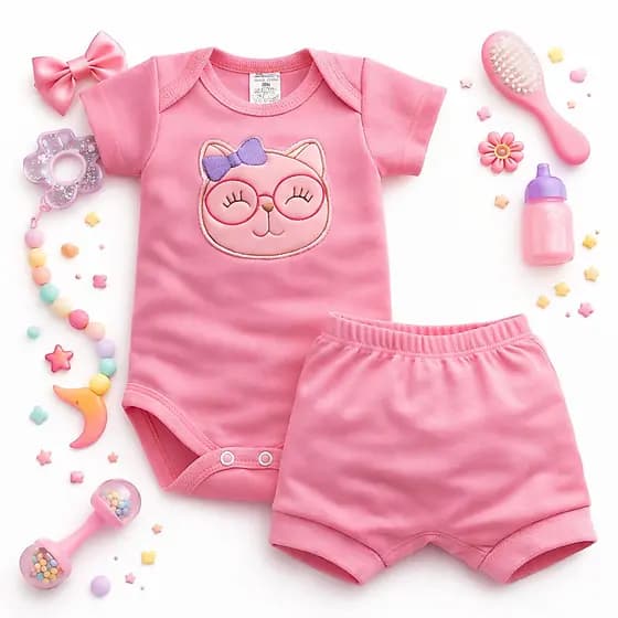 Conjunto Bebê Menina com Bory e Tapa Fraldas tecido canelado macio e confortável