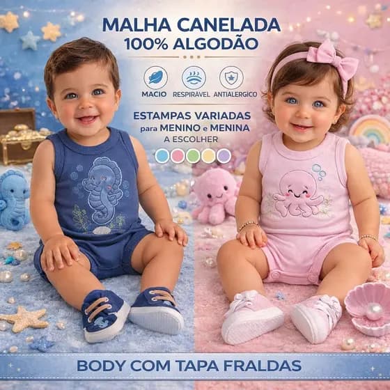 Conjunto bory body regata e tapa fralda bebe menino e menina algodão canelado