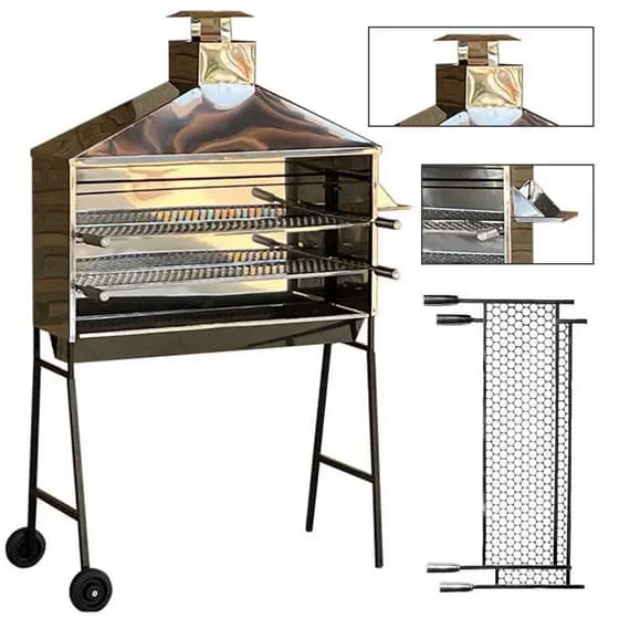 Churrasqueira Portátil Espetinho Inox Coifa 60 Cm Com 2 Grelhas Moeda Inox